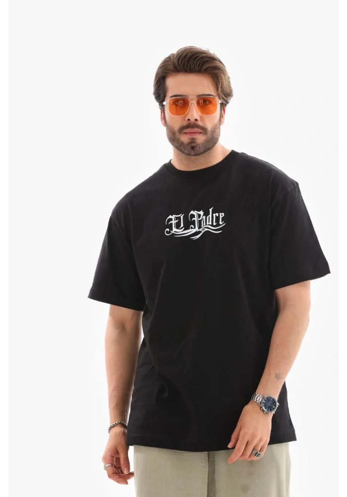 Erkek Bisiklet Yaka Baskılı Oversize T-Shirt - Siyah