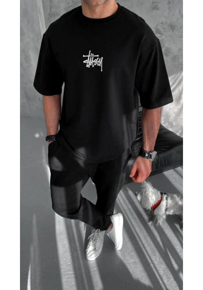 ERKEK Bisiklet Yaka Baskılı Oversize T-Shirt - Siyah