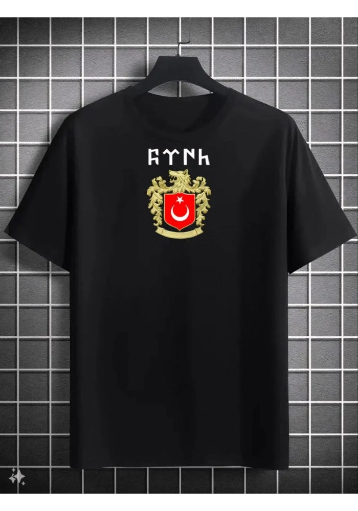 Unisex Bisiklet Yaka Baskılı Oversize T-Shirt - Siyah