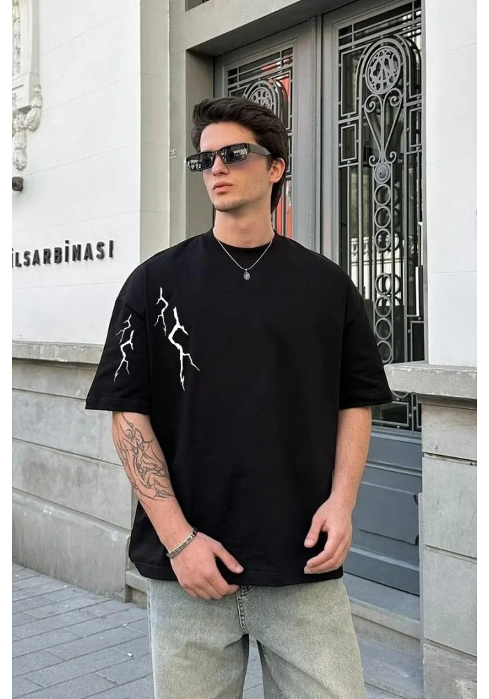 ERKEK Bisiklet Yaka ön ve arka Baskılı Oversize T-Shirt - Siyah