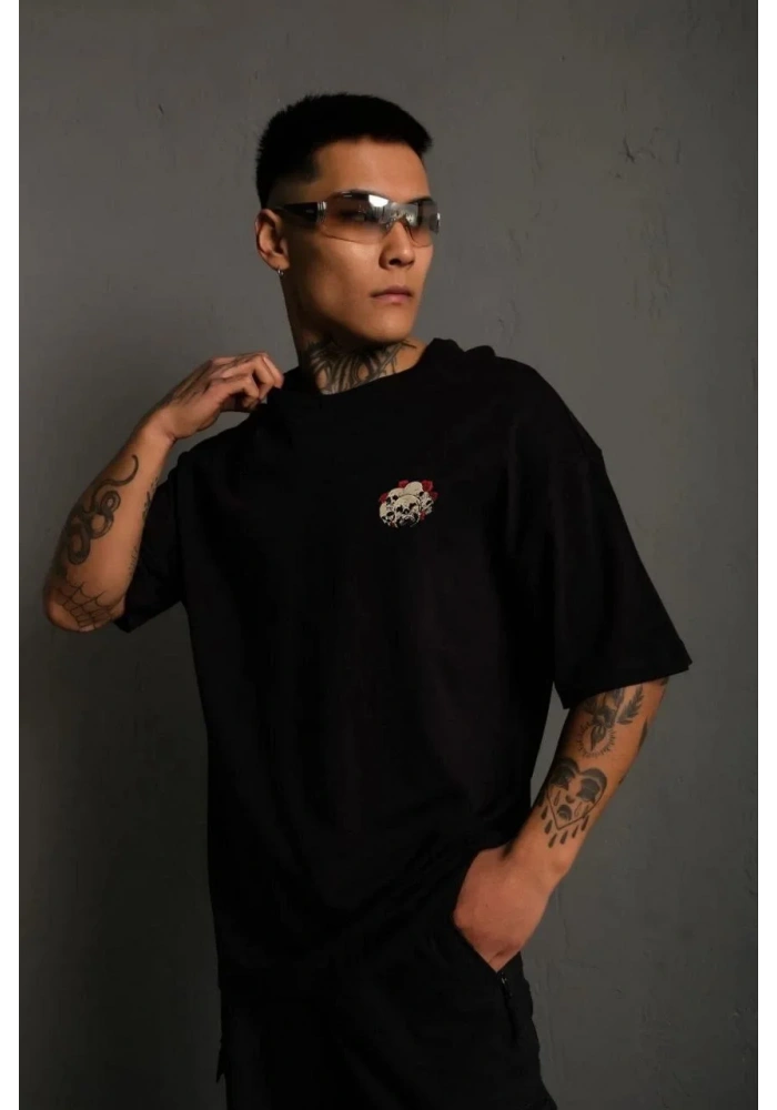 ERKEK Bisiklet Yaka Baskılı Oversize T-Shirt - Siyah