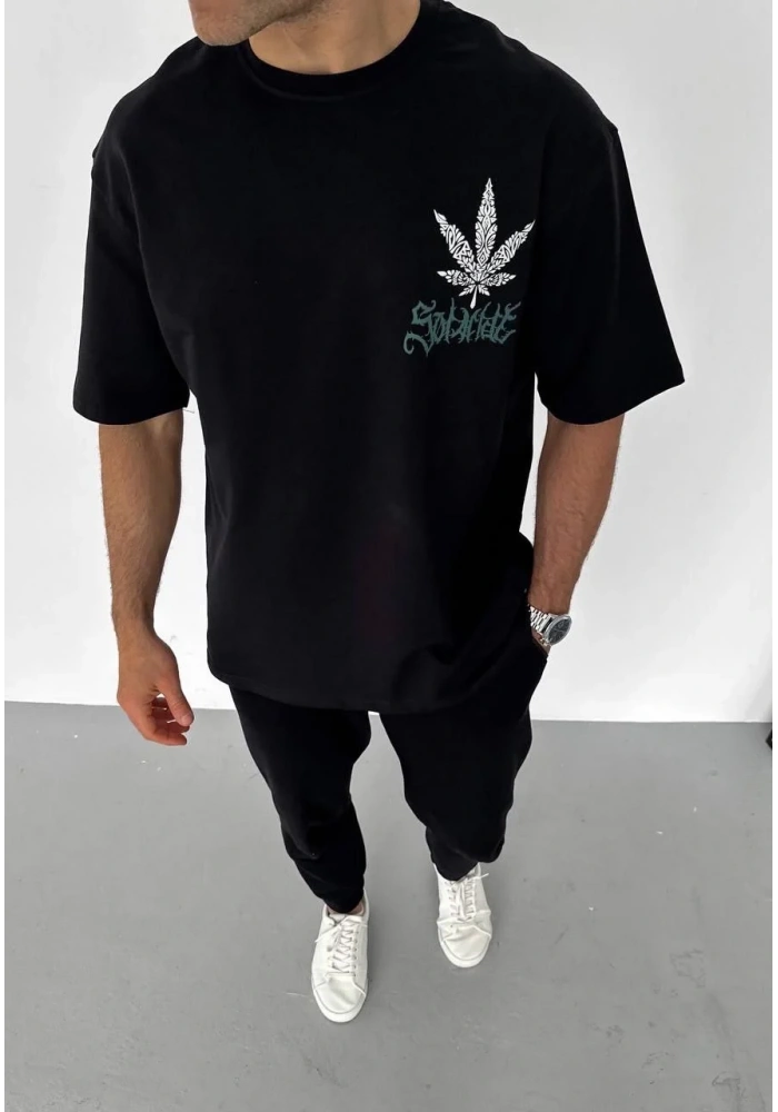 ERKEK Bisiklet Yaka Baskılı Oversize T-Shirt - Siyah