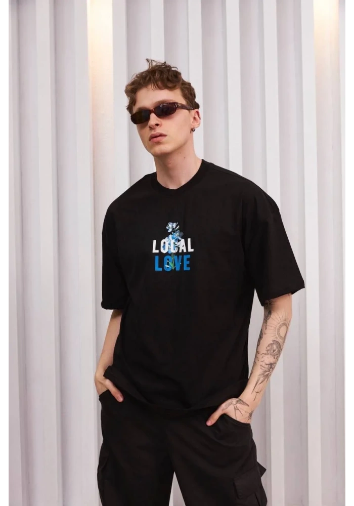 ERKEK Bisiklet Yaka Baskılı Oversize T-Shirt - Siyah