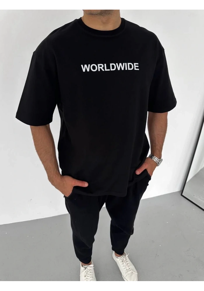 Erkek  Bisiklet Yaka Baskılı Oversize T-Shirt - Siyah