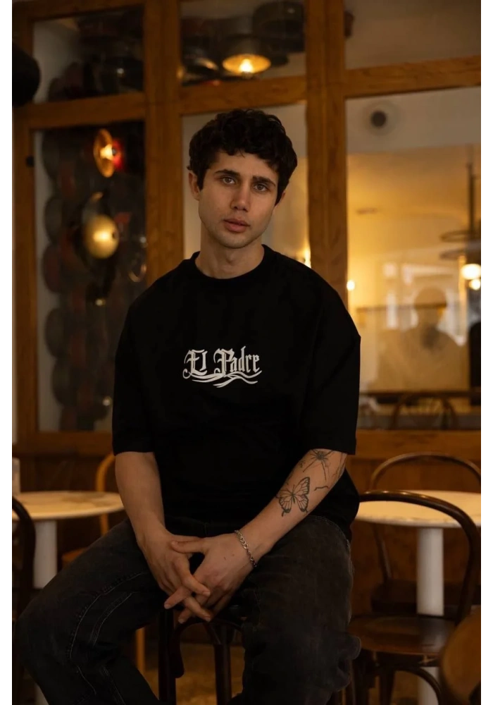 Erkek Bisiklet Yaka Baskılı Oversize T-Shirt - Siyah