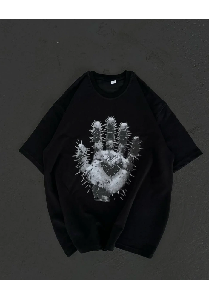 Kadın Bisiklet Yaka Baskılı Oversize T-Shirt - Siyah