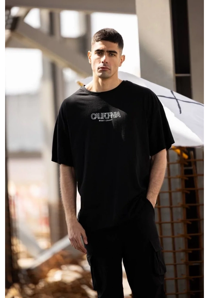 ERKEK Bisiklet Yaka Baskılı Oversize T-Shirt - Siyah