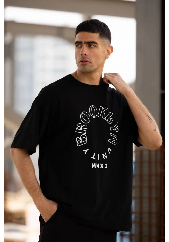 Unisex Bisiklet Yaka Baskılı Oversize T-Shirt - Siyah