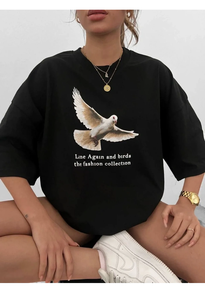 kadın  Bisiklet Yaka Baskılı Oversize T-Shirt - Siyah