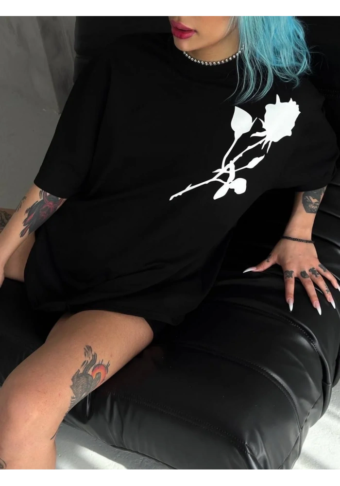 kadın Bisiklet Yaka Baskılı Oversize T-Shirt - Siyah