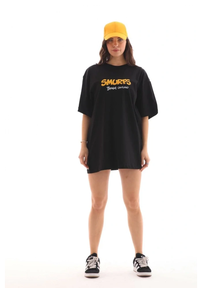 kadın  Bisiklet Yaka Baskılı Oversize T-Shirt - Siyah