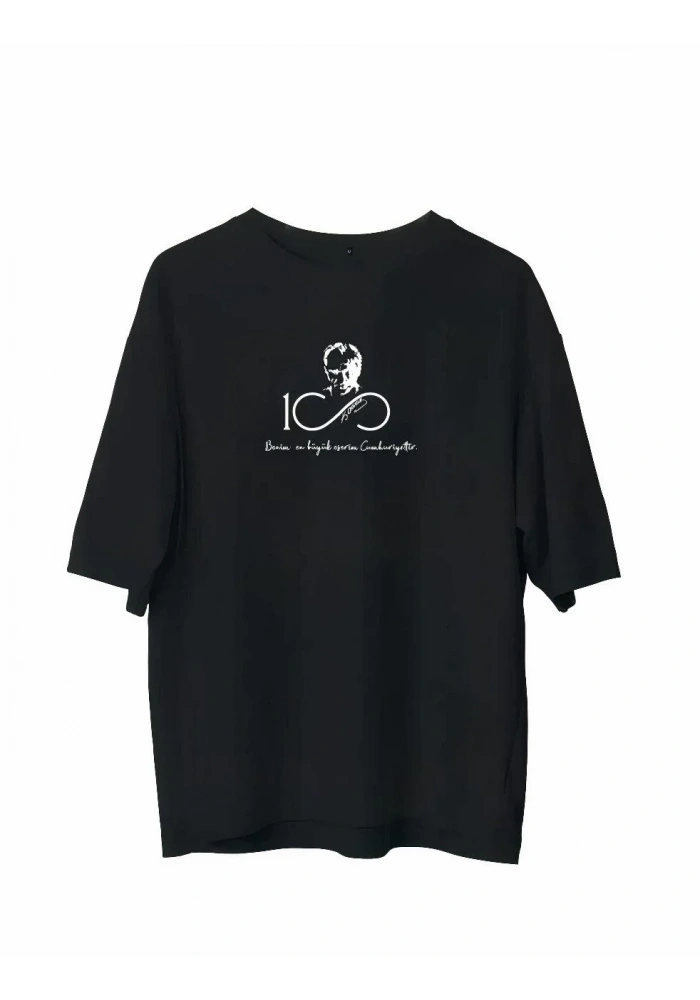 Erkek  Bisiklet Yaka Baskılı Oversize T-Shirt - Siyah