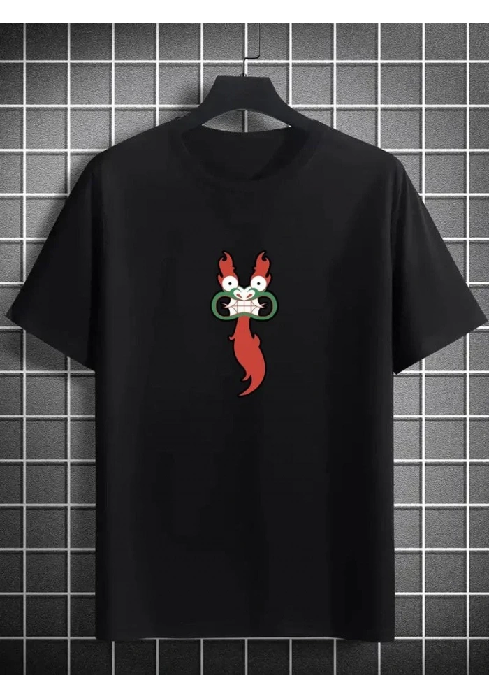 Unisex Bisiklet Yaka Baskılı Oversize T-Shirt - Siyah