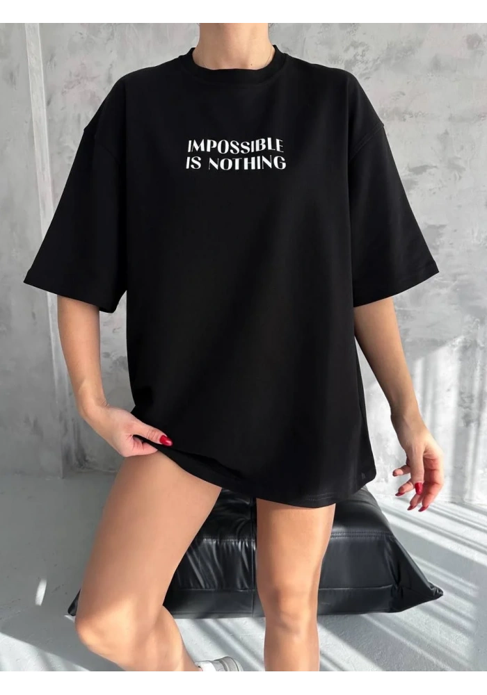 kadın  Bisiklet Yaka Baskılı Oversize T-Shirt - Siyah
