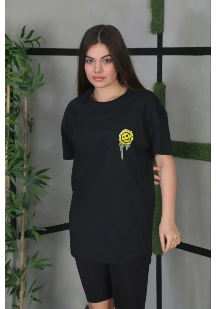 Kadın Bisiklet Yaka Baskılı Oversize T-Shirt - Siyah