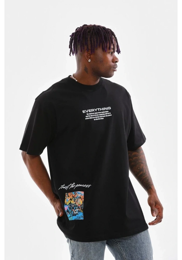 Erkek Bisiklet Yaka Baskılı Oversize T-Shirt - Siyah