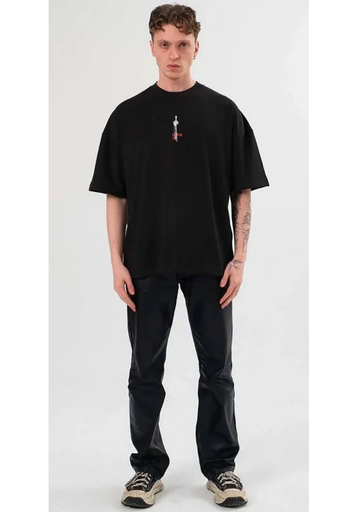 Erkek  Bisiklet Yaka Baskılı Oversize T-Shirt - Siyah