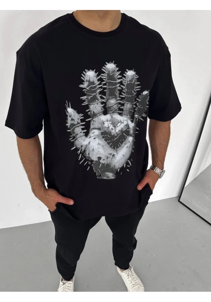 ERKEK Bisiklet Yaka Baskılı Oversize T-Shirt - Siyah