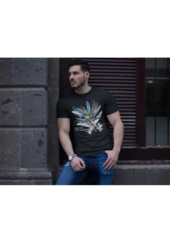 ERKEK Bisiklet Yaka Baskılı Oversize T-Shirt - Siyah