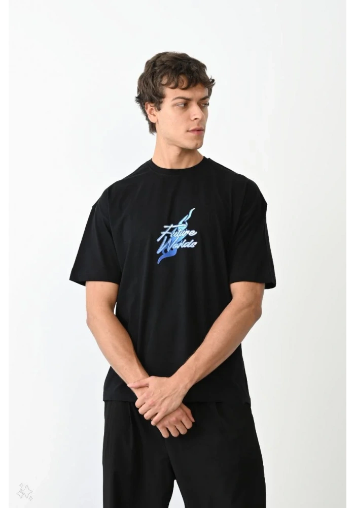 ERKEK Bisiklet Yaka Baskılı Oversize T-Shirt - Siyah