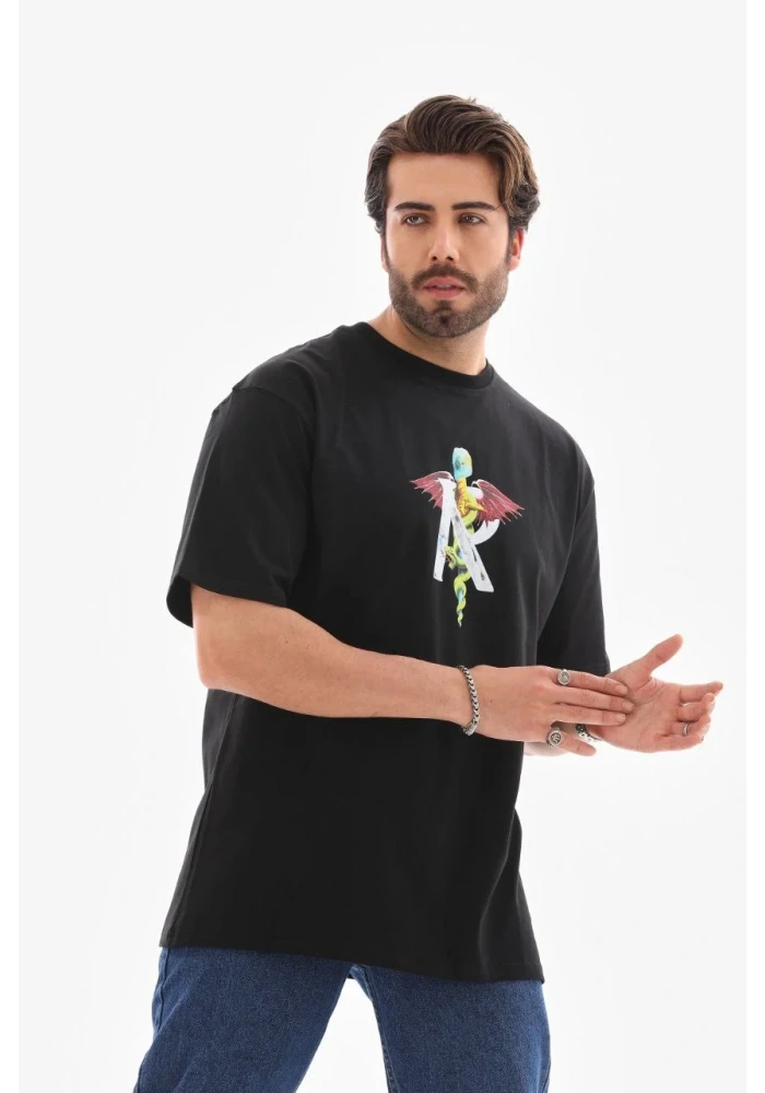Erkek Bisiklet Yaka Baskılı Oversize T-Shirt - Siyah