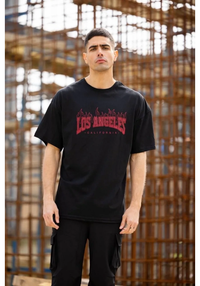 Unisex Bisiklet Yaka Baskılı Oversize T-Shirt - Siyah