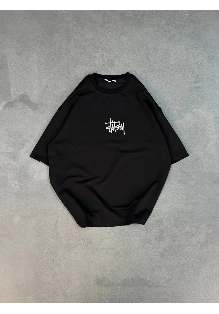 kadın Bisiklet Yaka Baskılı Oversize T-Shirt - Siyah