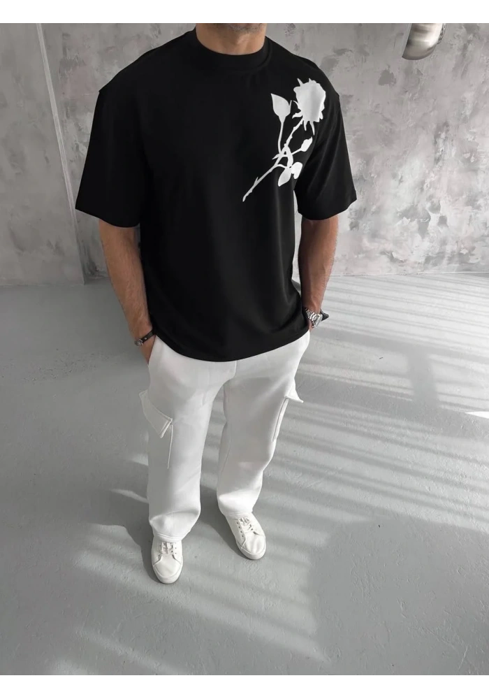 ERKEK Bisiklet Yaka Baskılı Oversize T-Shirt - Siyah