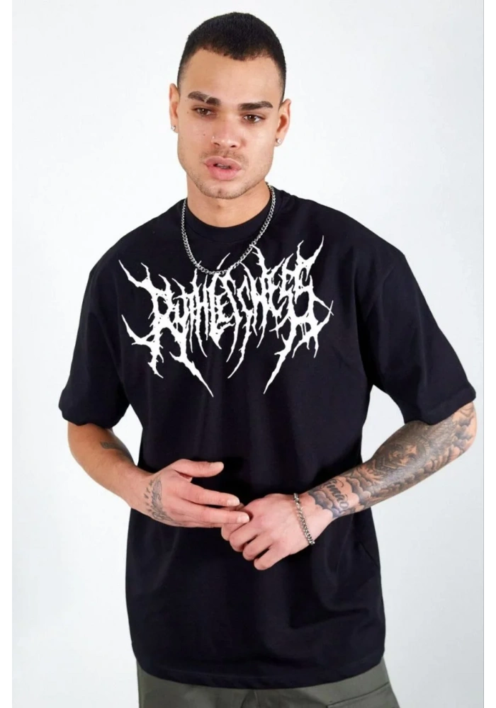 Erkek  Bisiklet Yaka Baskılı Oversize T-Shirt - Siyah