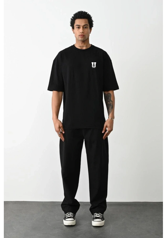 ERKEK Bisiklet Yaka Baskılı Oversize T-Shirt - Siyah