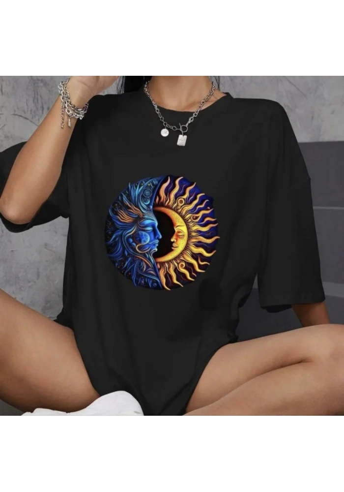 kadın  Bisiklet Yaka Baskılı Oversize T-Shirt - Siyah