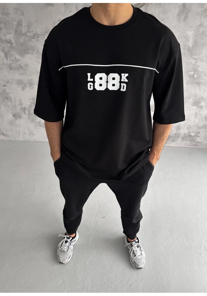 Erkek Bisiklet Yaka Baskılı Oversize T-Shirt - Siyah