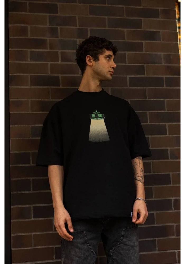 Erkek Bisiklet Yaka Baskılı Oversize T-Shirt - Siyah