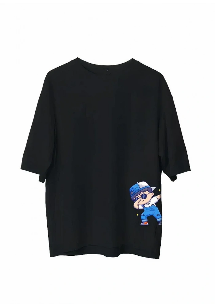 Erkek Bisiklet Yaka Baskılı Oversize T-Shirt - Siyah