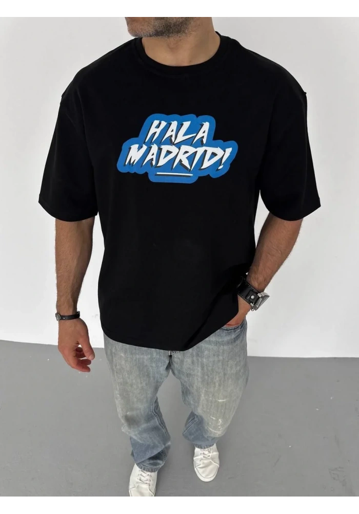 ERKEK Bisiklet Yaka Baskılı Oversize T-Shirt - Siyah