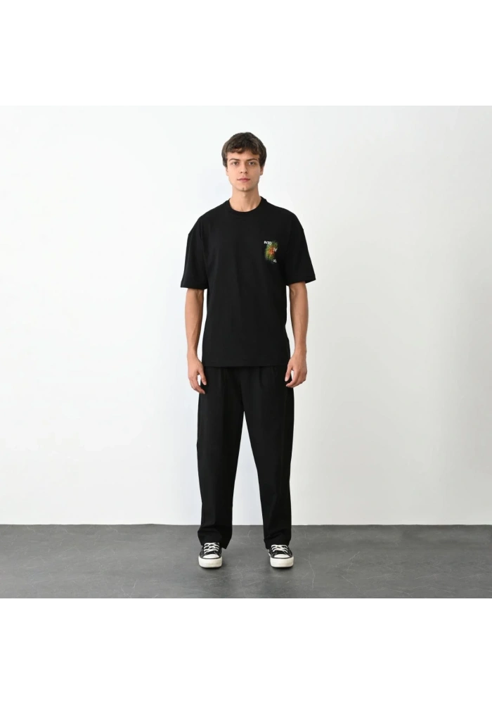 Erkek Bisiklet Yaka Baskılı Oversize T-Shirt - Siyah