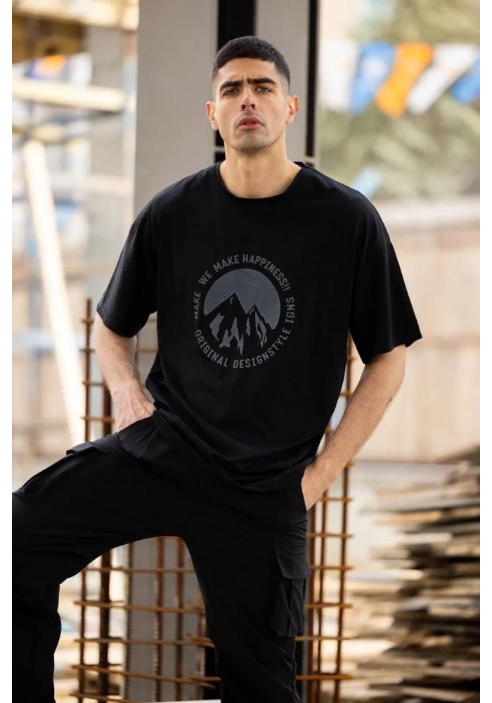 Unisex Bisiklet Yaka Baskılı Oversize T-Shirt - Siyah