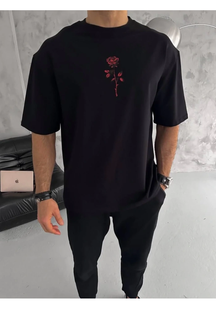 Erkek Bisiklet Yaka Baskılı Oversize T-Shirt - Siyah