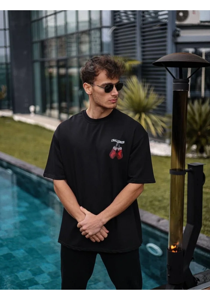 Erkek  Bisiklet Yaka Baskılı Oversize T-Shirt - Siyah