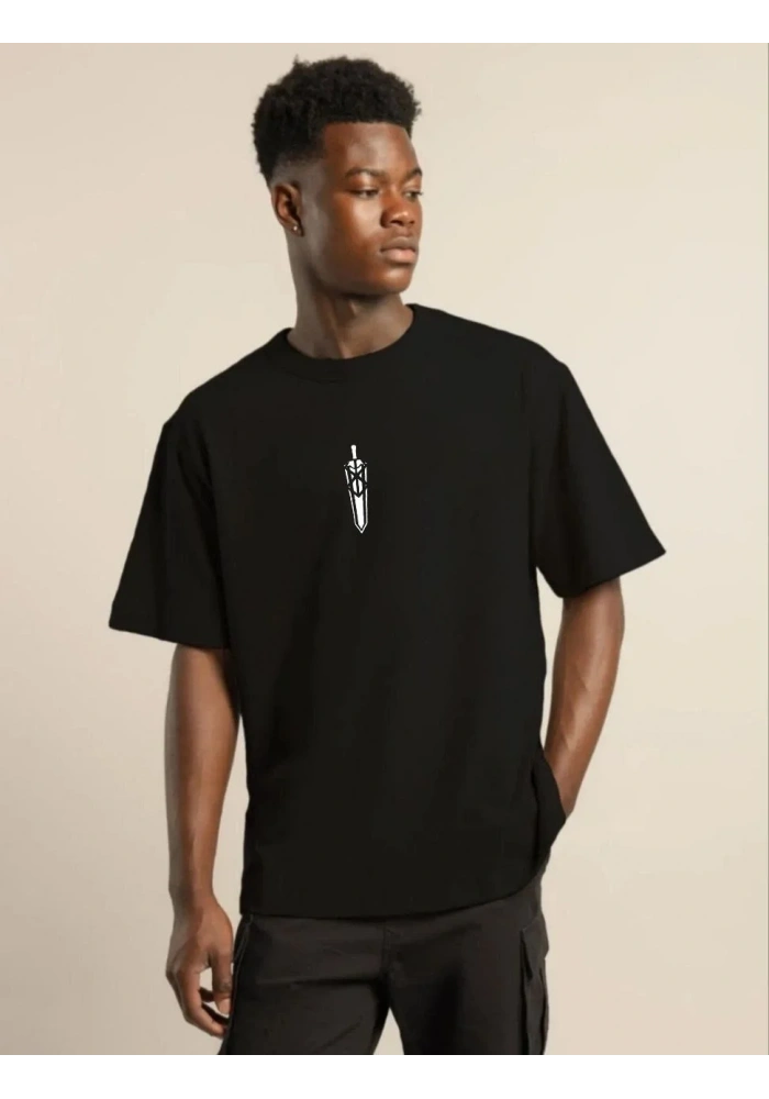 Erkek Bisiklet Yaka Baskılı Oversize T-Shirt - Siyah