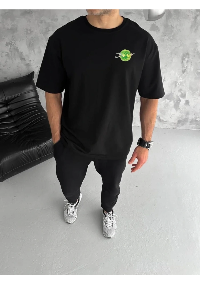 ERKEK Bisiklet Yaka ön ve sırt Baskılı Oversize T-Shirt - Siyah