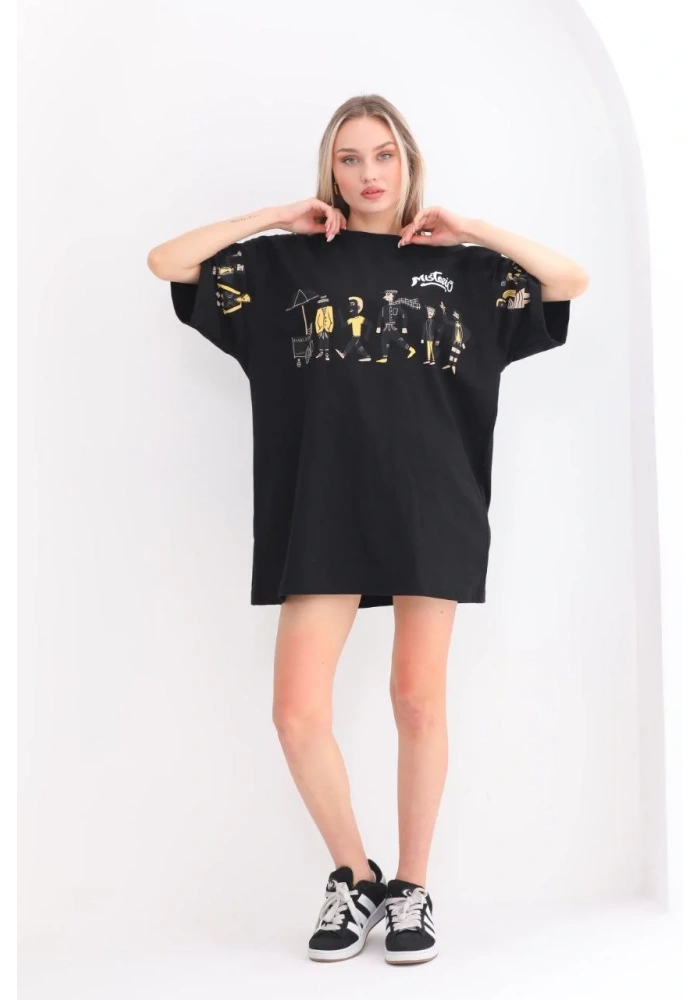 kadın  Bisiklet Yaka Baskılı Oversize T-Shirt - Siyah