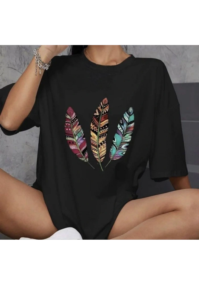 kadın  Bisiklet Yaka Baskılı Oversize T-Shirt - Siyah