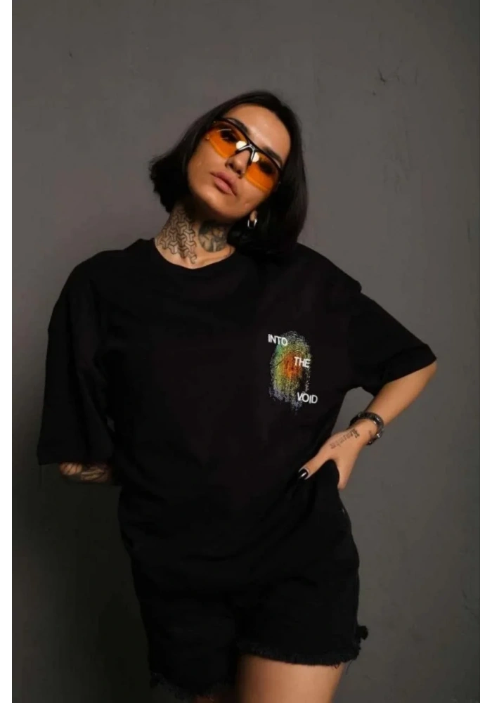 kadın Bisiklet Yaka Baskılı Oversize T-Shirt - Siyah