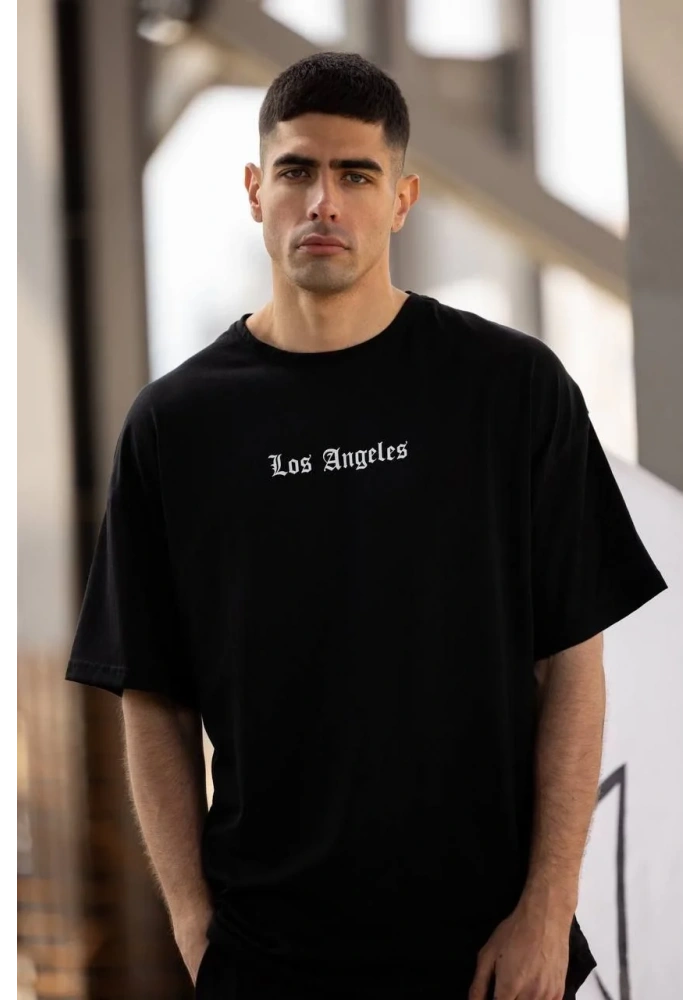 ERKEK Bisiklet Yaka Baskılı Oversize T-Shirt - Siyah