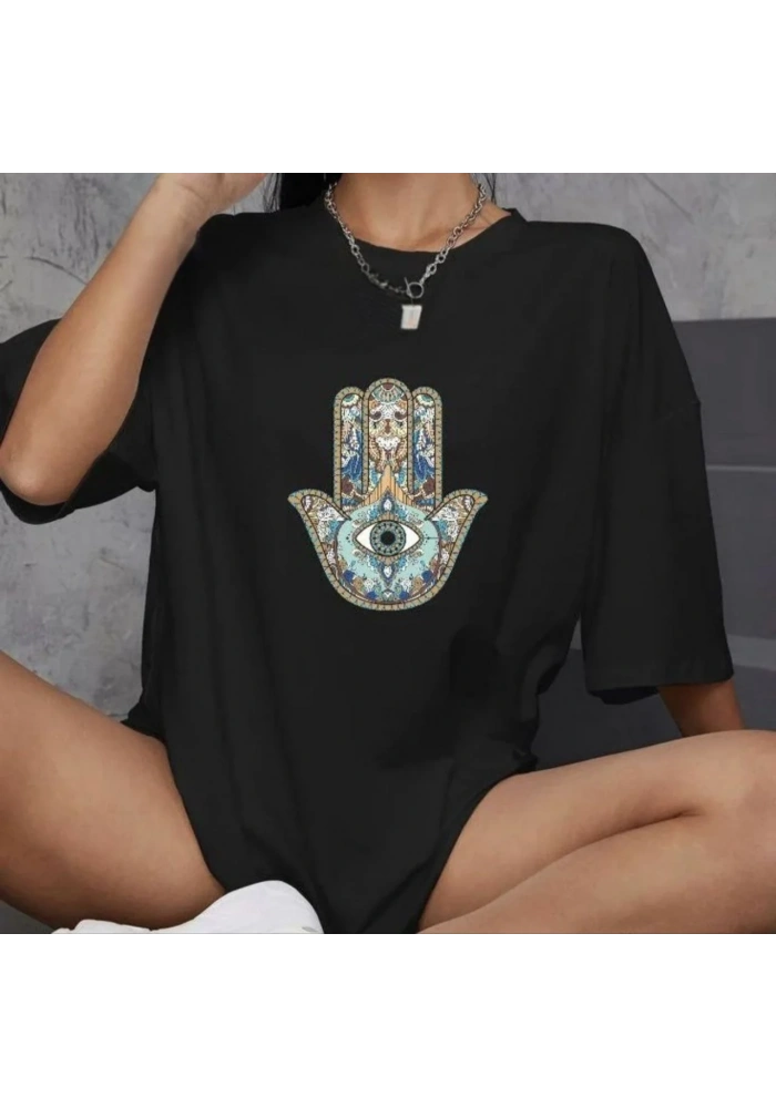 kadın  Bisiklet Yaka Baskılı Oversize T-Shirt - Siyah