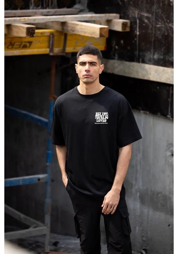 ERKEK Bisiklet Yaka Baskılı Oversize T-Shirt - Siyah