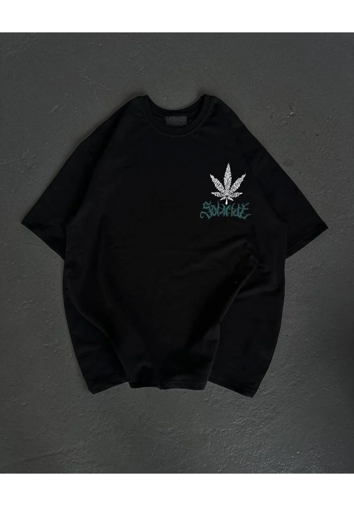 kadın  Bisiklet Yaka Baskılı Oversize T-Shirt - Siyah