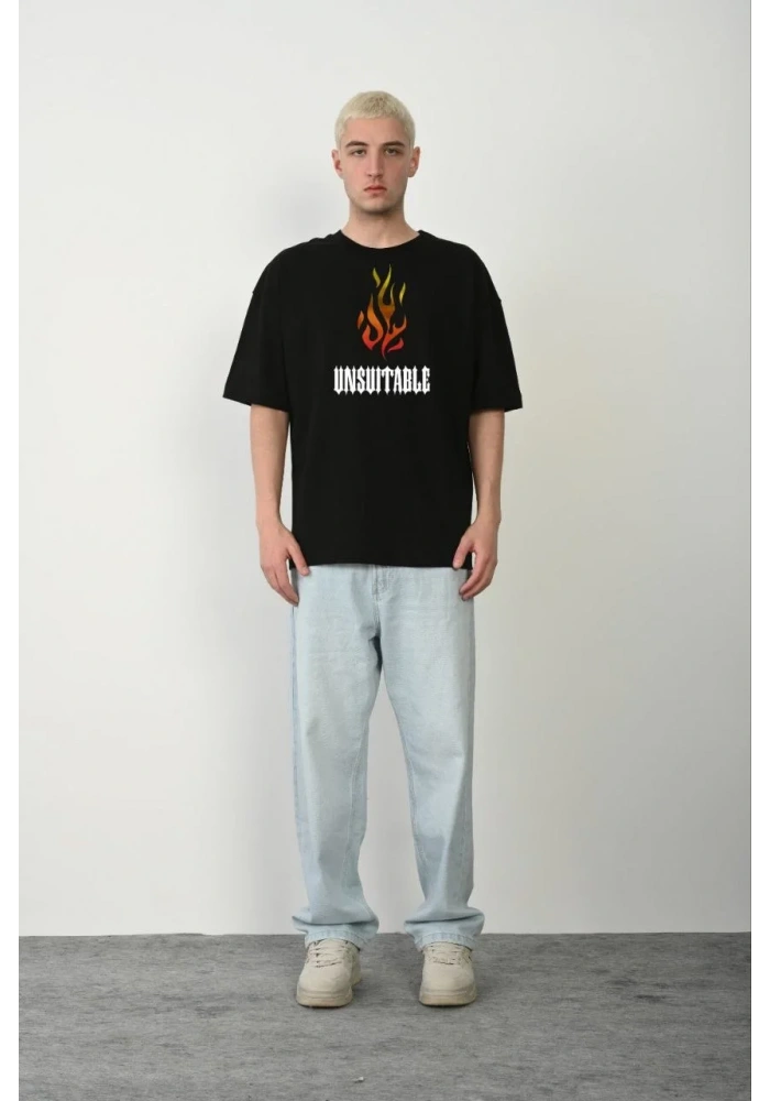 ERKEK Bisiklet Yaka Baskılı Oversize T-Shirt - Siyah