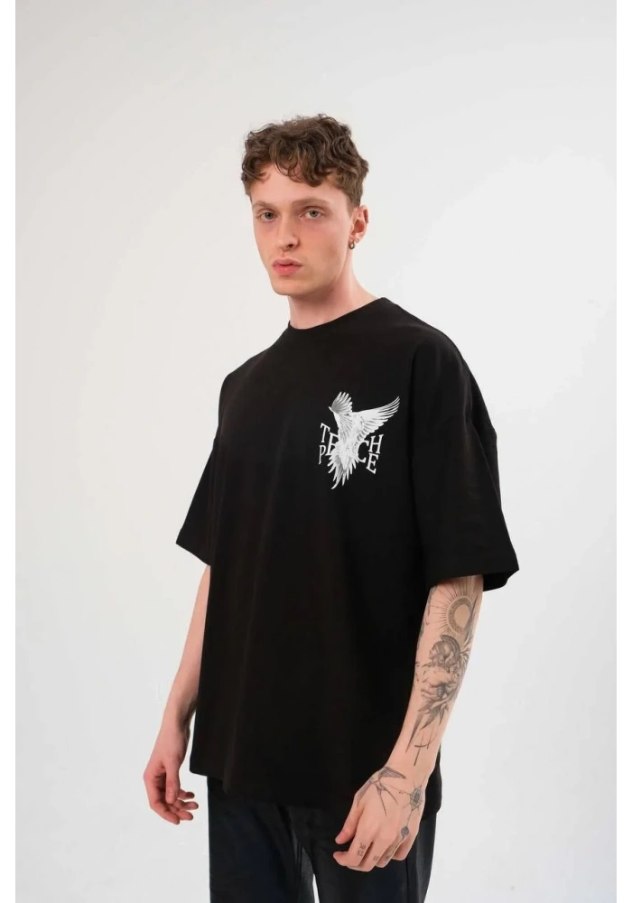Erkek Bisiklet Yaka Baskılı Oversize T-Shirt - Siyah